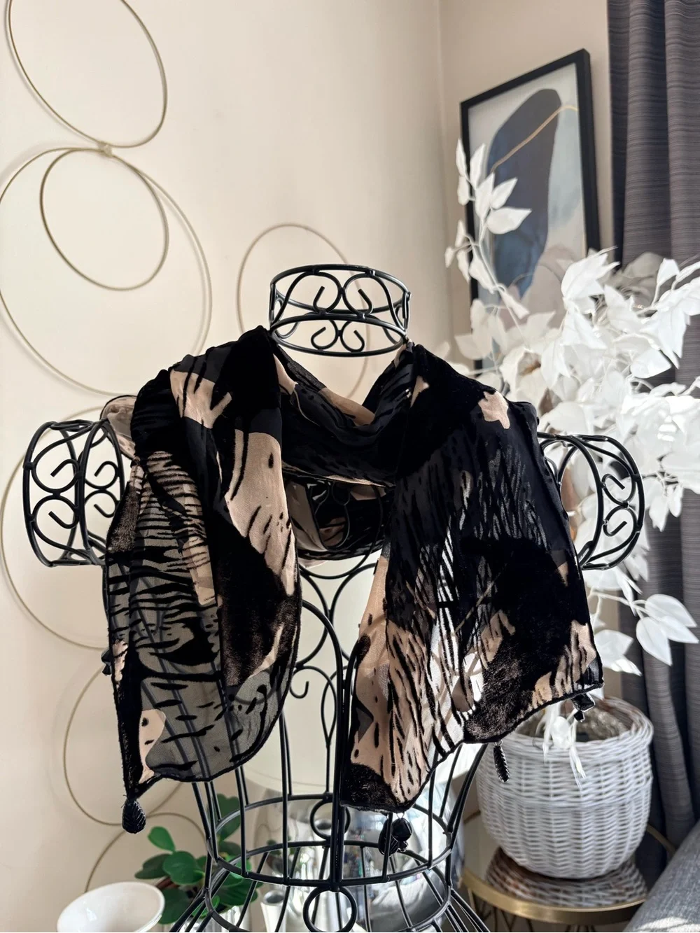 Black Beige Sheer Beaded Burnout Scarf 13 x 60